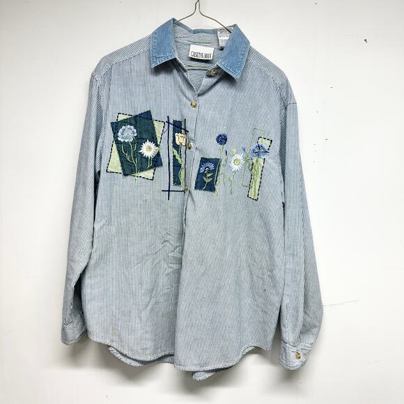 Vtg CASEY & MAX Blue 90's Styled Button Down Embroidered Long Sleeve Button Up - Picture 1 of 5